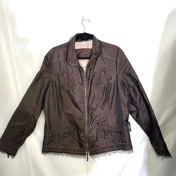 Brown Tulle Trim Moto Jacket Size XL Raw Edge Lined Retro Zipper Pockets Biker - Picture 1 of 15